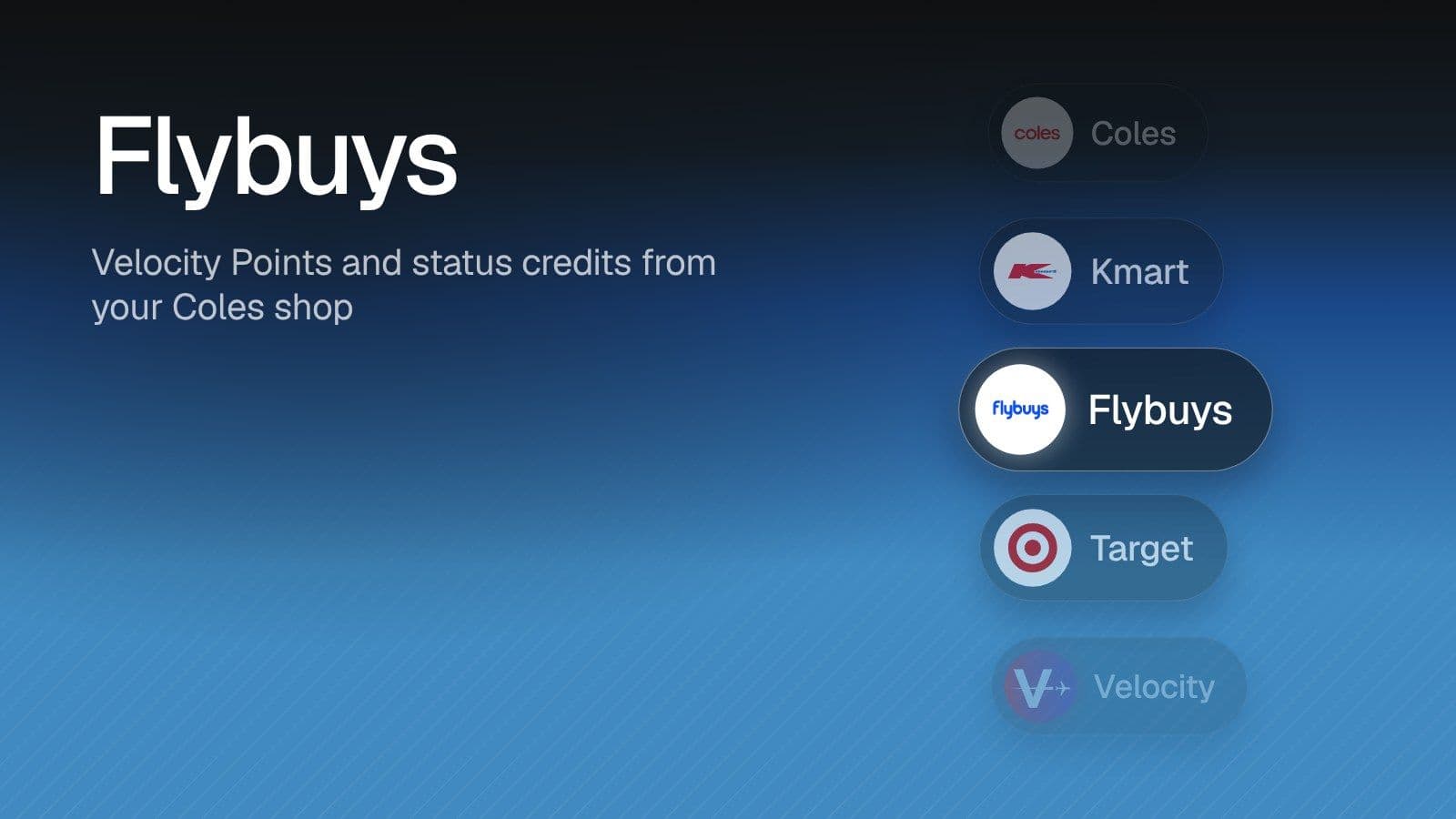Flybuys: Velocity Points and status credits from your Coles shop. Illustration of Flybuys highlighted in a list of programs alongside Coles, Kmart, Target, Velocity on a blue gradient.