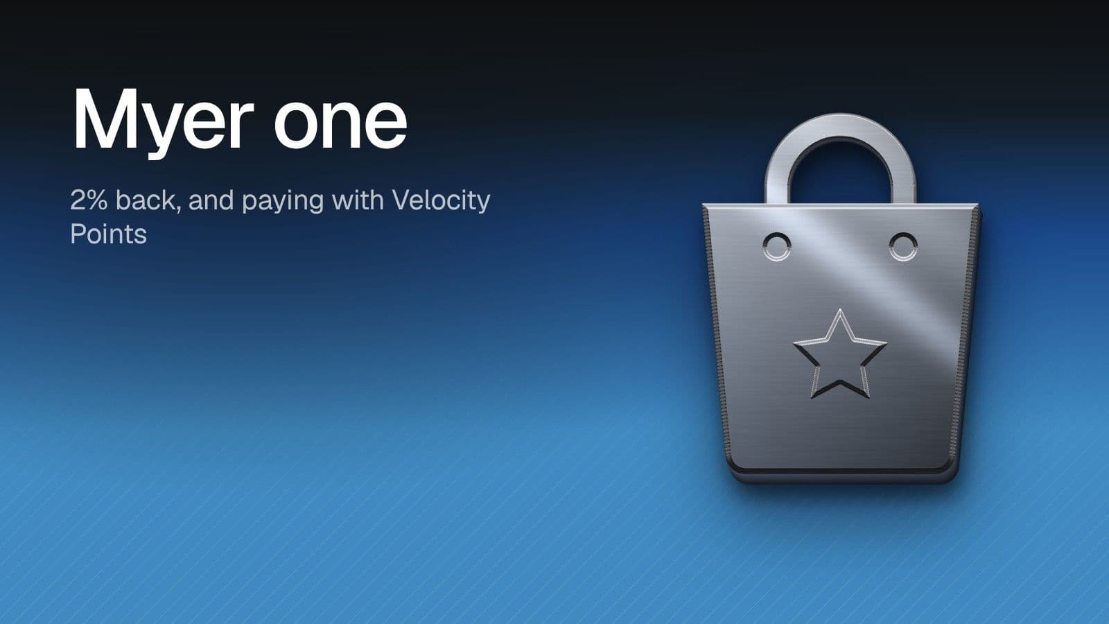 Myer one: 2% back, and paying with Velocity Points. Illustration of a chrome shopping bag on a blue gradient.