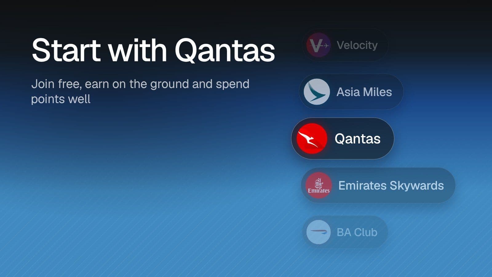Start with Qantas: Join free, earn on the ground and spend points well. Illustration of Qantas highlighted in a list of programs alongside Velocity, Asia Miles, Emirates Skywards, BA Club on a blue gradient.