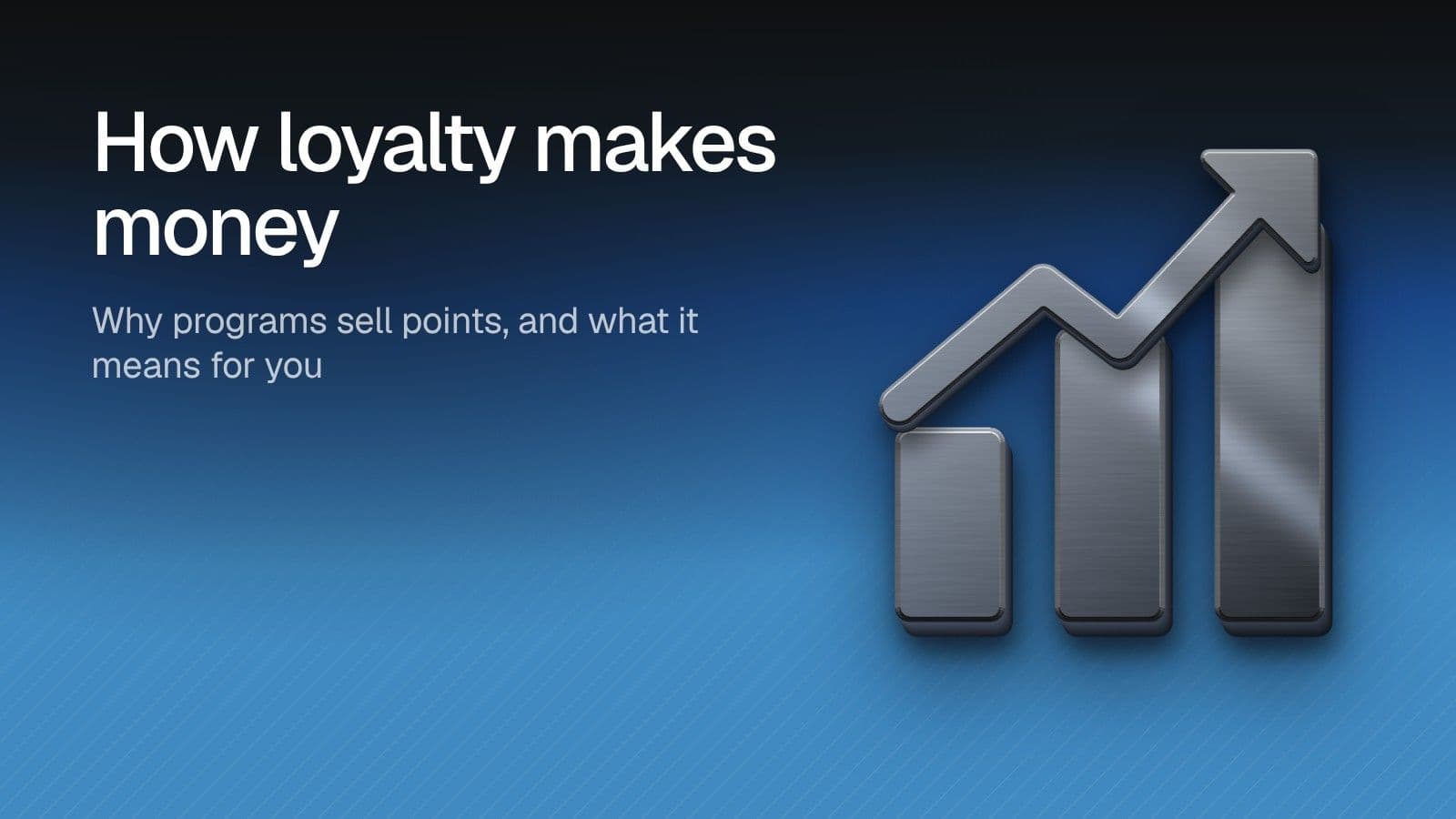 How loyalty makes money: Why programs sell points, and what it means for you. Illustration of a chrome bar chart with a rising arrow on a blue gradient.